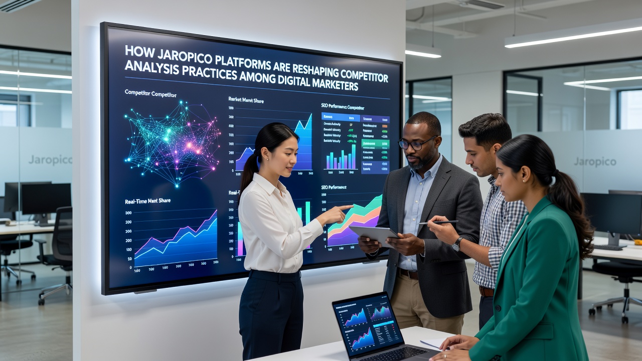 Digital marketing team reviewing Jaropico-generated competitor overlap reports during a strategy session with charts and trend lines visible on shared screens