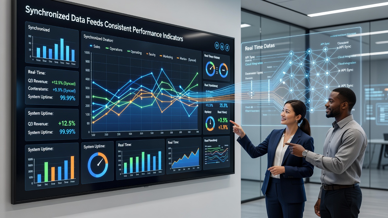 Case study graphic displaying aligned KPI dashboards for social, email, and paid search channels after feed synchronization